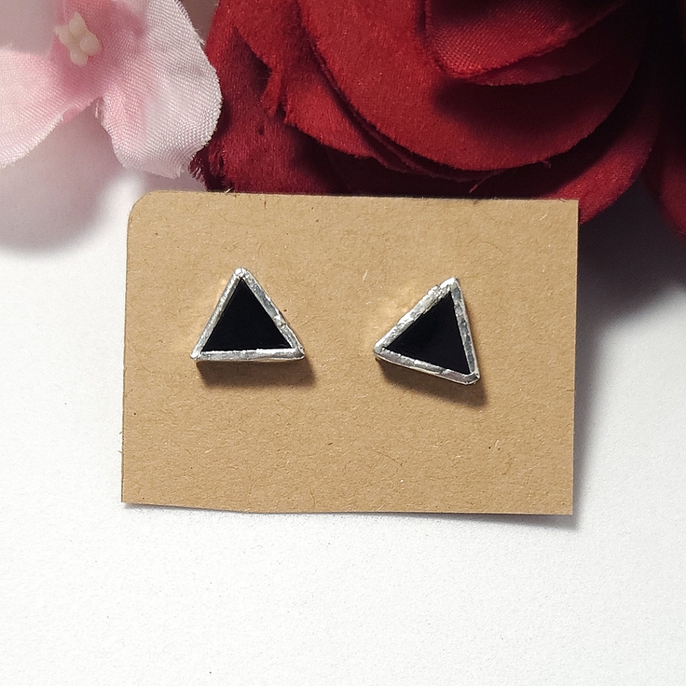Vintage Landstrom's Sterling Silver & Black Onyx Triangle Stud Earrings